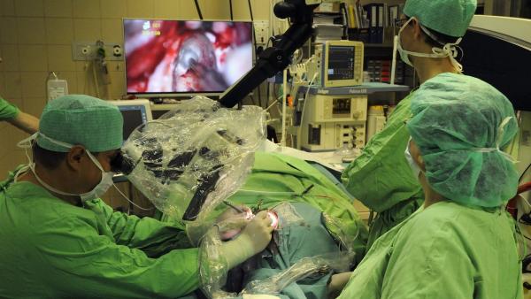 Szeged, 2016. május 13.
Rovó László, tanszékvezetõ egyetemi tanár (b) egy 69 esztendõs férfit operál a Szegedi Tudományegyetem Fül-Orr-Gégészeti és Fej-Nyaksebészeti Klinikáján 2016. május 13-án. A Közép-Európában egyedülálló mûtét során kívülrõl nem lát