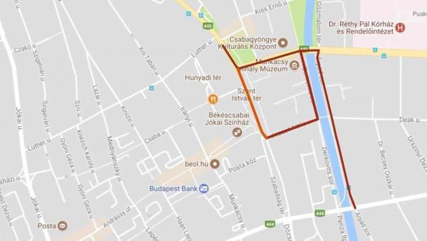 Forgalomkorlátozások augusztus 20-án Békéscsabán. 
A pirossal jelölt utcákat lezárják a forgalom elől. A sárgával jelölt területen részleges korlátozásra számíthatnak a tűzijáték ideje alatt. 
Fotó forrás: police.hu