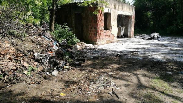 Az épület mellett látszó fertőtlenítőszer réteg alatt feküdt az elhullott ló még pénteken délelőtt. Fotó: behir.hu