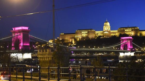 Rózsaszín színekkel világítják meg a Lánchidat az Egészség Hídja Összefogás az Egészségért a Mellrák Ellen Egyesület hagyományos lánchídi sétája során (MTI Fotó: Bruzák Noémi)