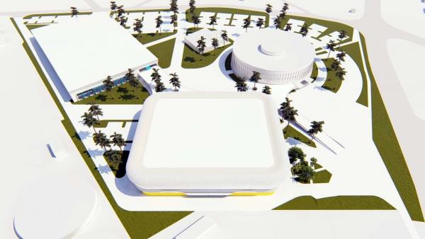 Látványterven az új csarnok és sportuszoda a régi, városi sportcsarnok mellett. Fotó: MLR Stúdió Tervező és Lebonyolító Kft.