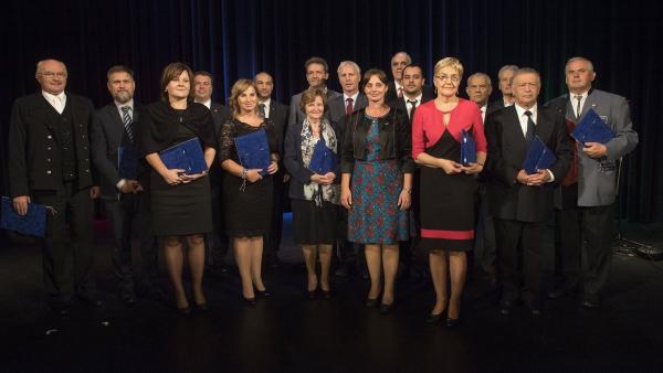 A díjazottak balról jobbra: ifj. Kishegyi Simon (b), Bencsik János (b2), Bajzek Gyöngyi (b3), Emberné Jurkovits Zorica (b5), Tóth Györgyné Bencze Mária (b7), Manajló András (b8), Soltész Miklós, Langerné Victor Katalin, Kozsuharov Ognjan (j7), Farkas Andr