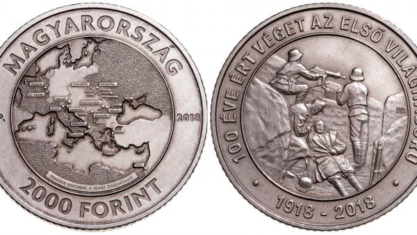 Az I. világháború befejezésének tiszteletére kibocsájtott emlékérme. (Fotók: Magyar Nemzeti Bank)