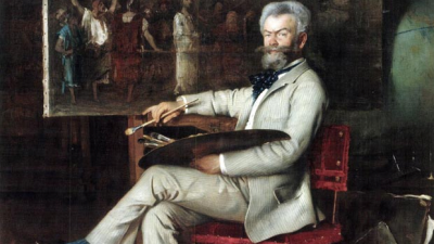Hans Temple: Munkácsy Mihály portréja -részlet (A Mester a Krisztus Pilátus előtt című festményén dolgozik, 1887) 