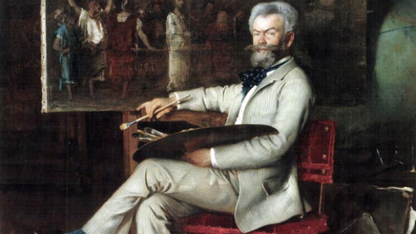 Hans Temple: Munkácsy Mihály portréja -részlet (A Mester a Krisztus Pilátus előtt című festményén dolgozik, 1887) 