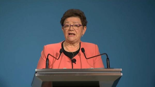 Müller Cecília az operatív törzs 2020.10.12.-i sajtótájékoztatóján (fotó: M1)