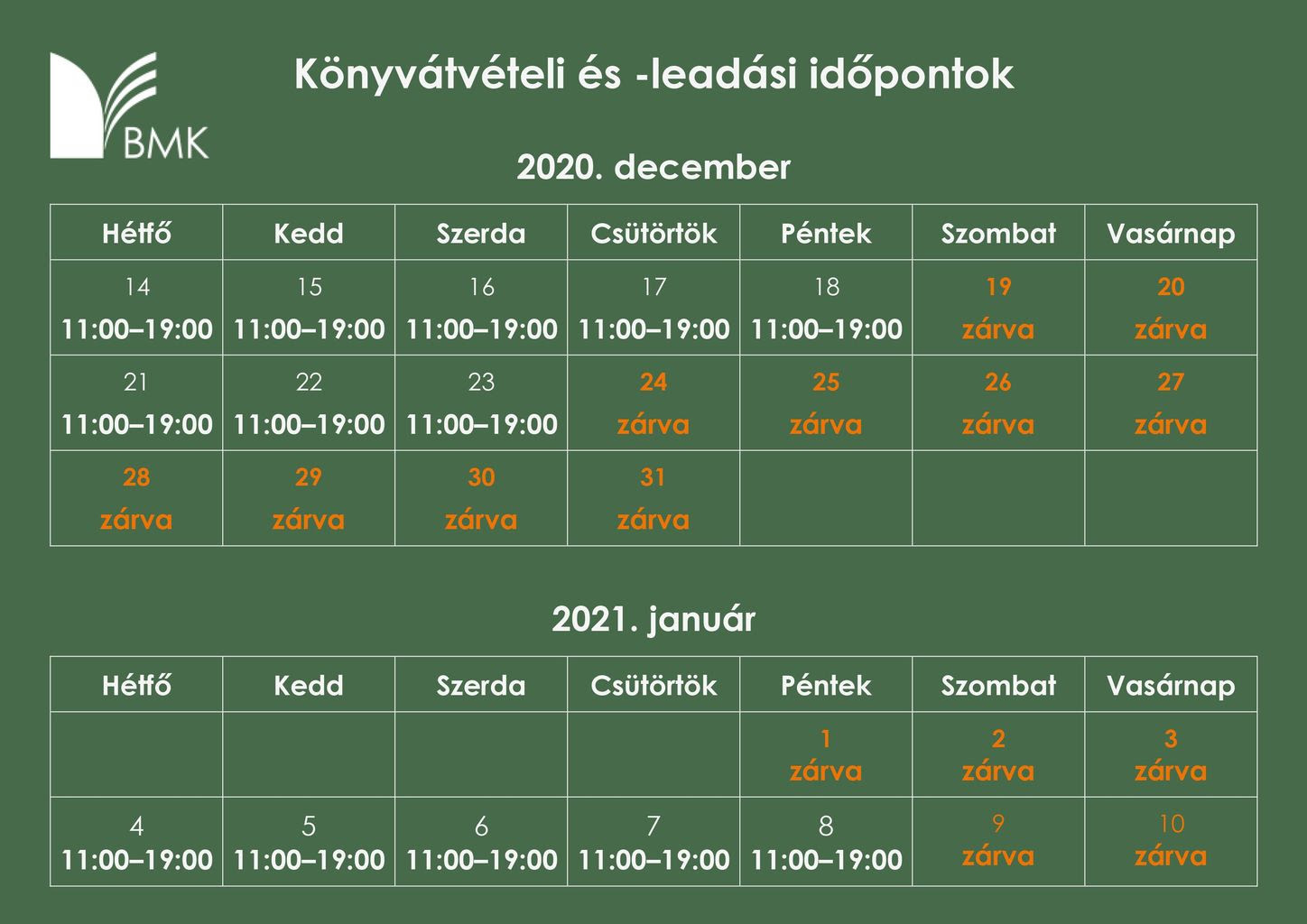 A Békés Megyei Könyvtár 2020 decemberi és 2021 januári könyvátvételi és leadási időpontjai