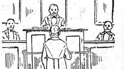 Robelly Jenő a bíróság előtt. (lapillusztráció 1904-ből; Nagykanizsai Friss Újság)