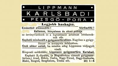 A karlsbadi Lippmann gyógyszertár reklámhirdetése (Békés. VI. évf. 11. sz., 1887. március 13., Library Hungaricana)