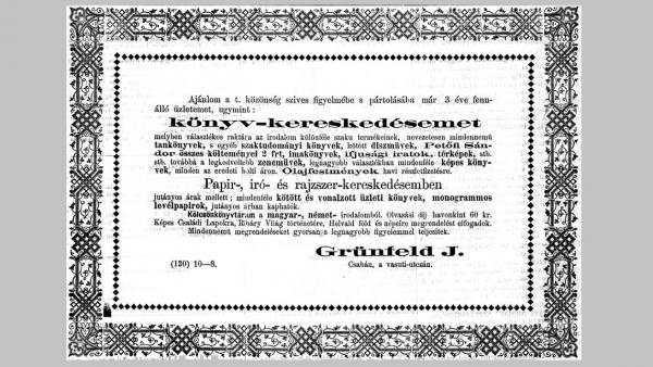 Grünfeld J. reklámhirdetése (Békésmegyei Közlöny. 1879. szeptember 25.; Library Hungaricana)