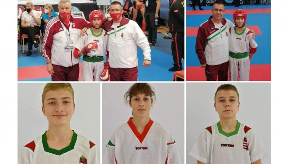 Kick-box junior Európa-bajnokság. Az alsó sorban balról jobbra: Malatyinszki Bendegúz, Petró Lili és Szaszák Dominik Fotók forrása: Békés Megyei Harcművész Szövetség