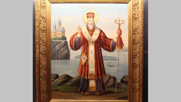 Szent Miklóst ábrázoló olajnyomat a Munkácsy Mihály Múzeum új állandó kiállításából