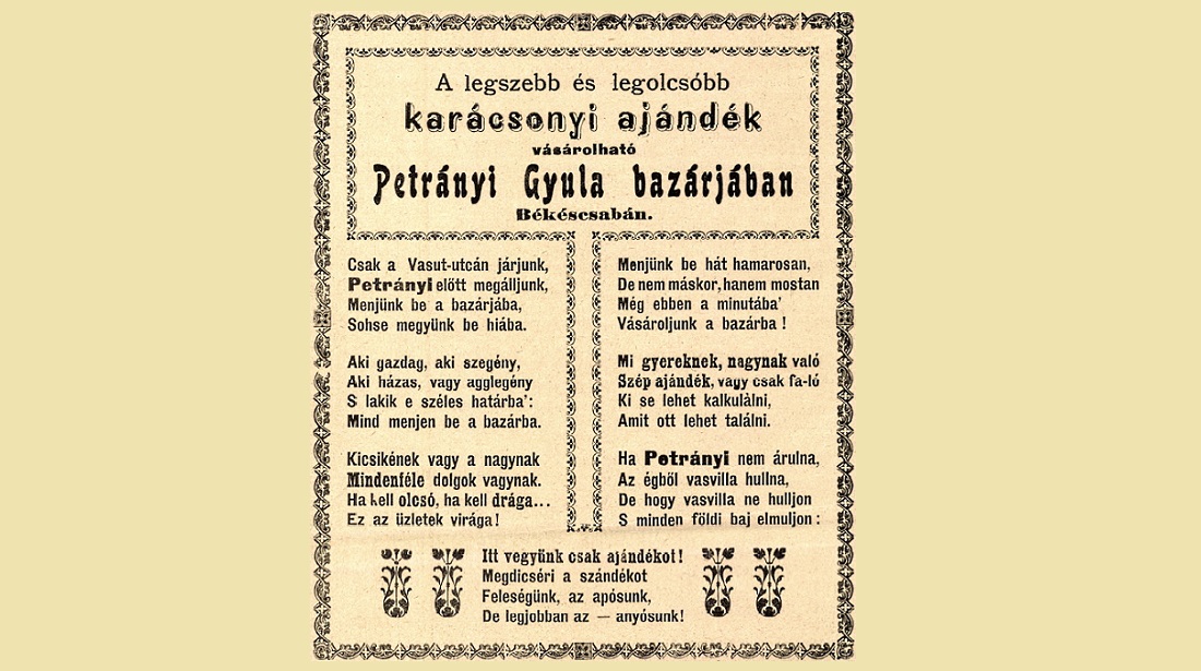 Petrányi Gyula bazárjának reklámhirdetése (1901, Library Hungaricana)