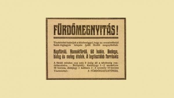 Az erzsébethelyi fürdő megnyitásáról szól hirdetés 1921-ből