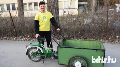Szelektív Laci az új elektromos triciklijével – Fotó: behir.hu/Such Tamás