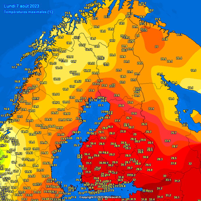 Hétfői maximumok Finnország térségében | Forrás: Meteociel.fr